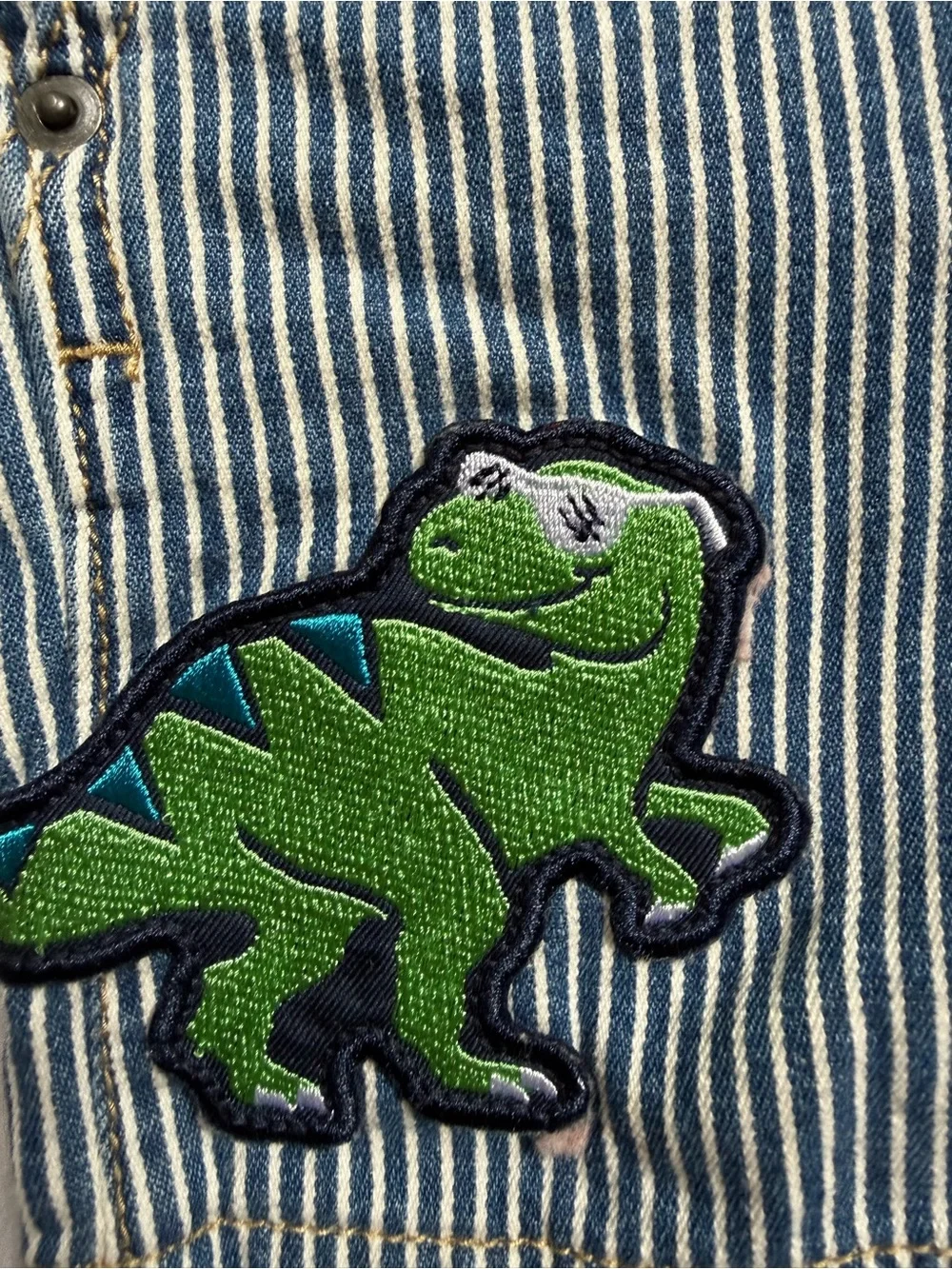 Striped Denim Overalls Shortall with Green Patches